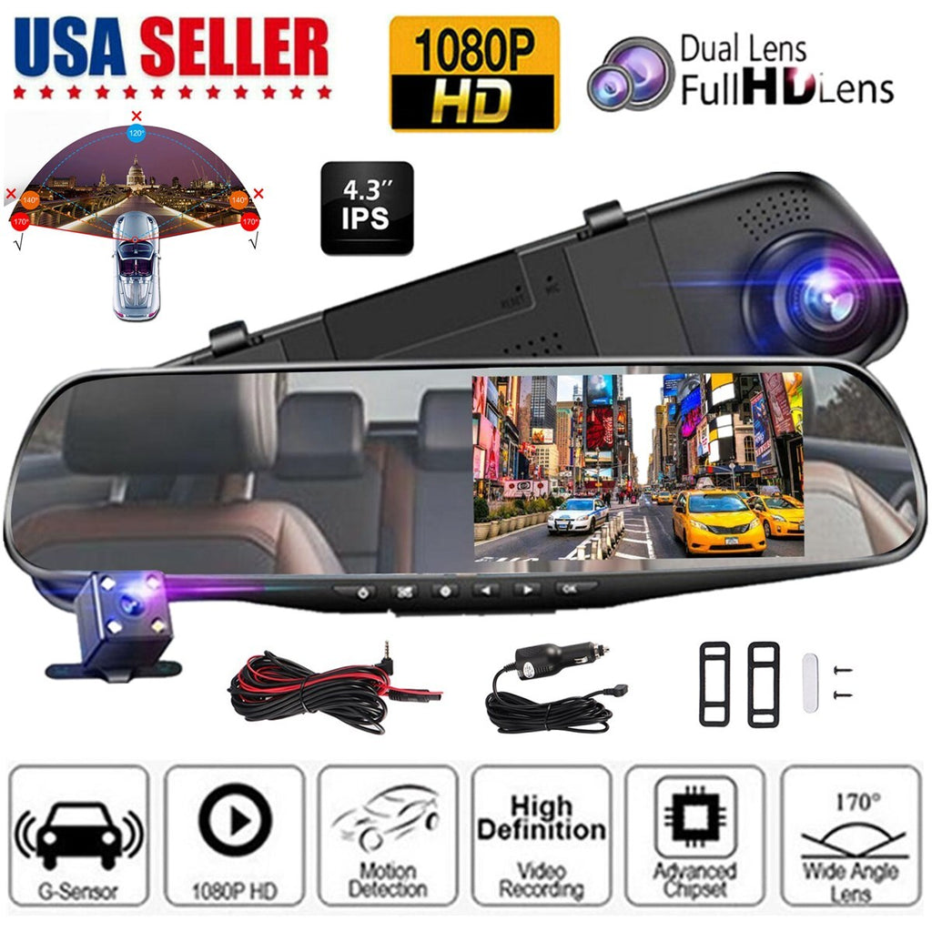 1080P Rearview Mirror Dual Dash Cam Front Rear Recorder