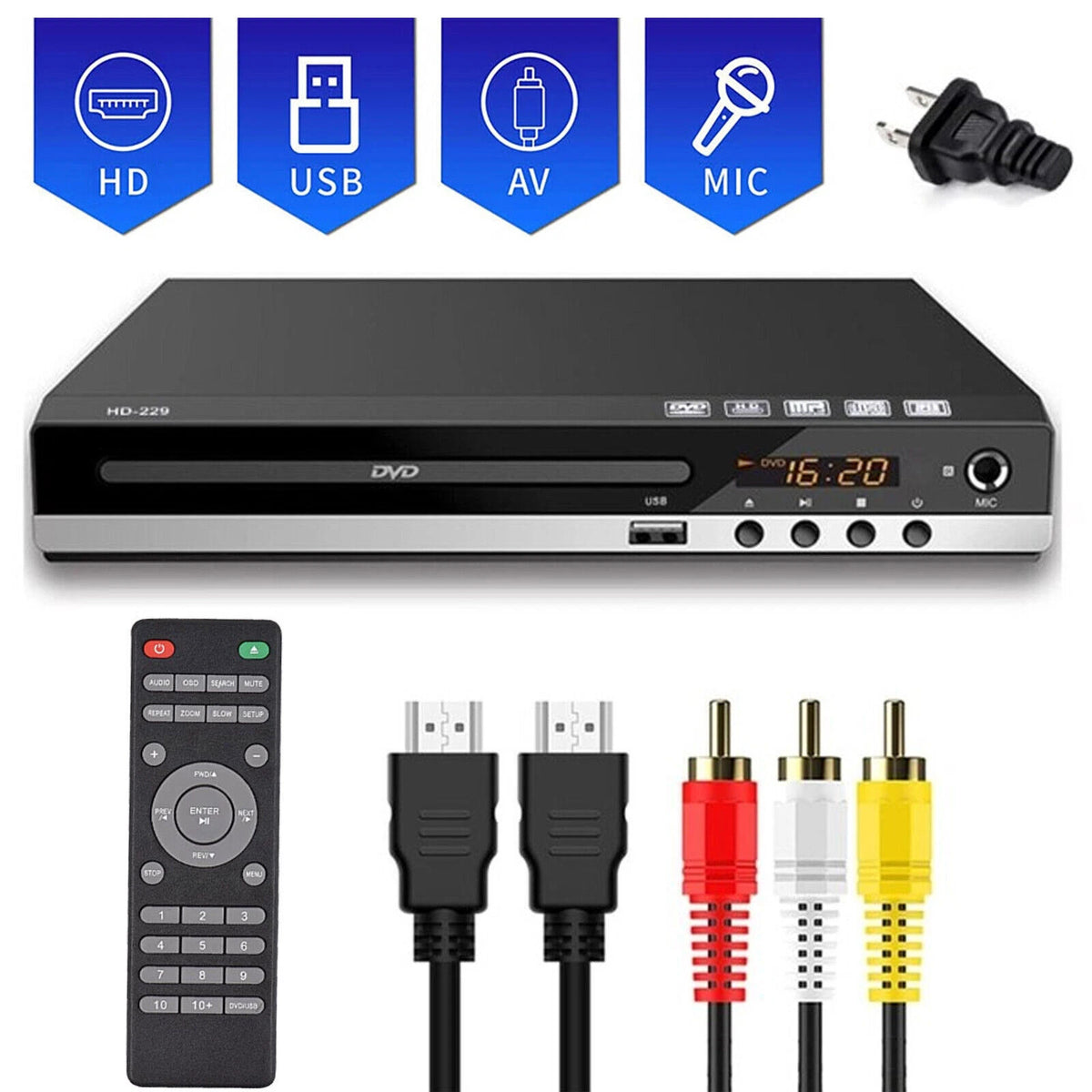 1080P Region Free DVD CD Player with HDMI, RCA and USB