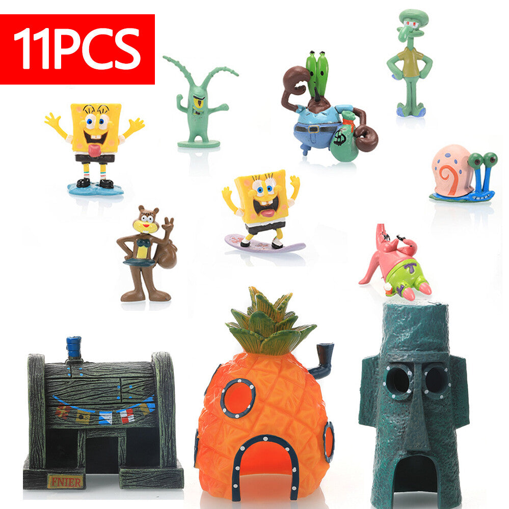 11PCS Fish Tank Ornaments Aquarium Decorations Fish Bowls SpongeBob Squarepant – 【11PCS】Characters + House