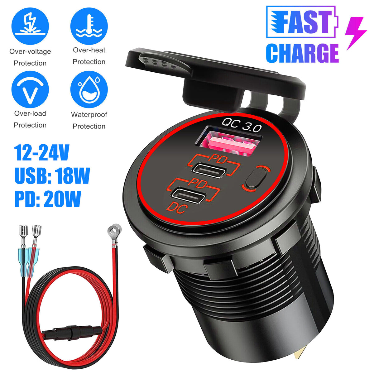 12-24V 3 Port USB-C Fast Car Charger Socket for Boat RV