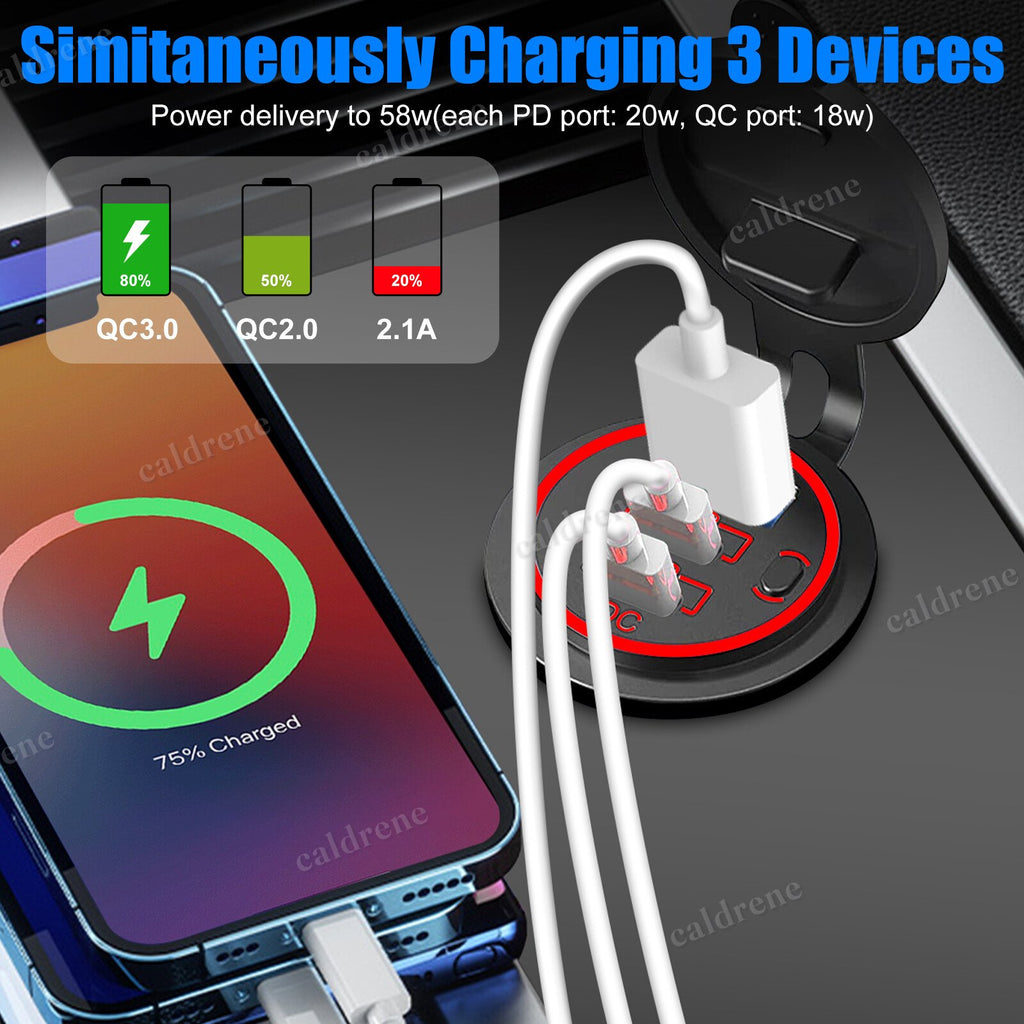 12-24V 3 Port USB-C Fast Car Charger Socket for Boat RV – view 2