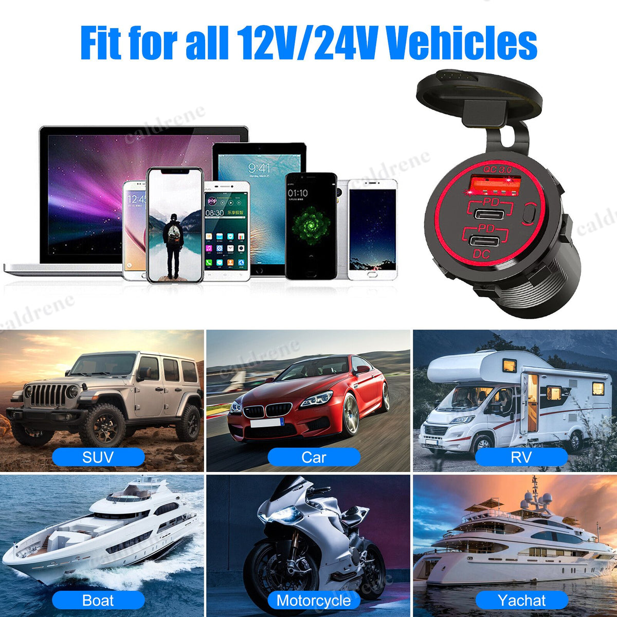 12-24V 3 Port USB-C Fast Car Charger Socket for Boat RV – view 6