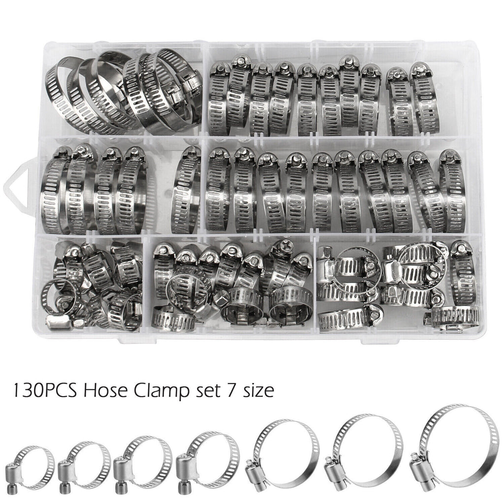130 Piece Stainless Steel Worm Gear Hose Clamp Assortment