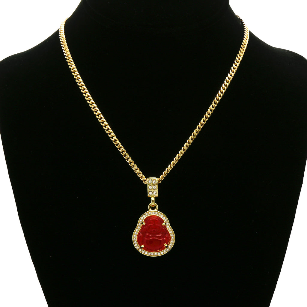 14K Gold Plated Red Jade Buddha Pendant Necklace