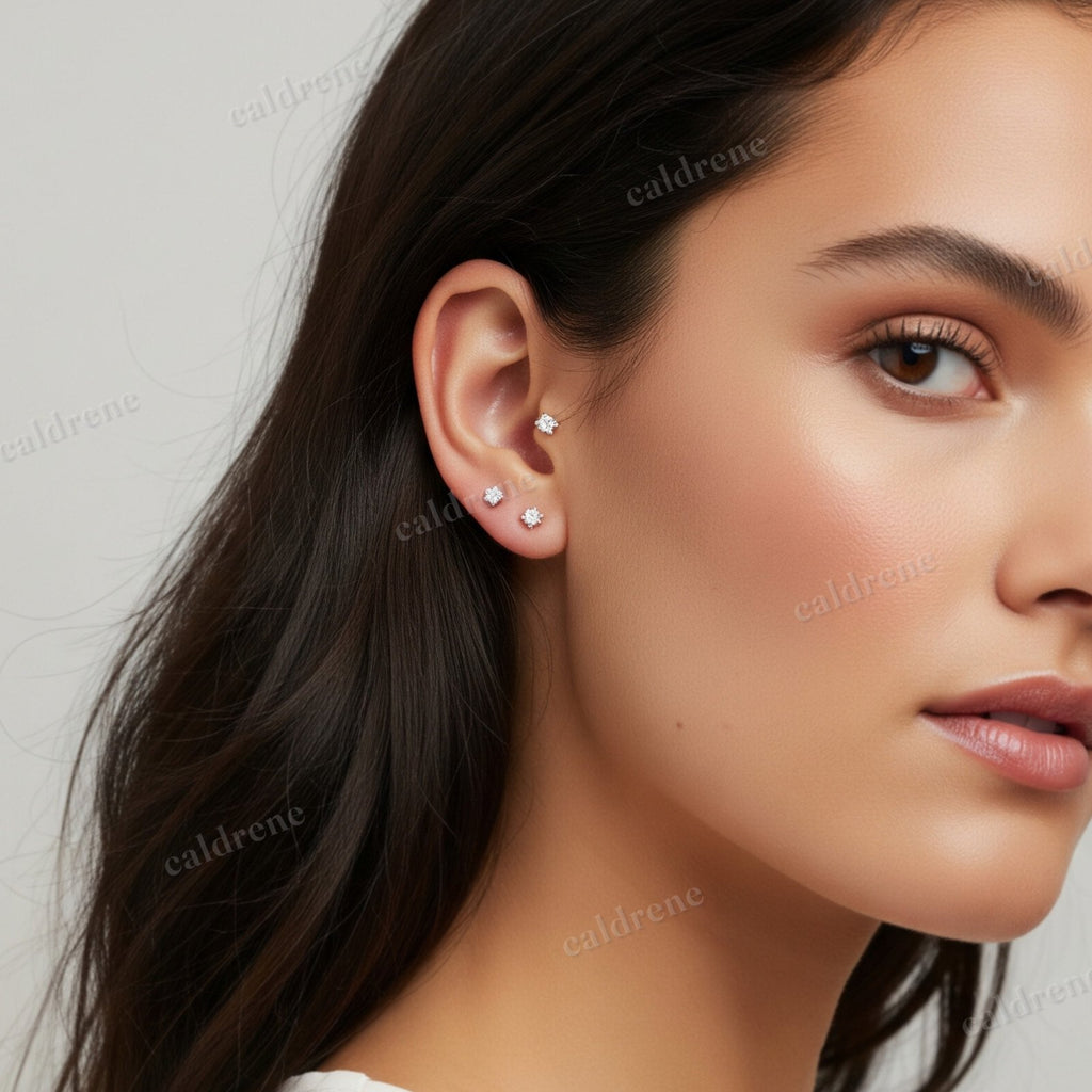 14K Solid Gold Solitaire Round CZ Sleeper Stud Earrings – view 3
