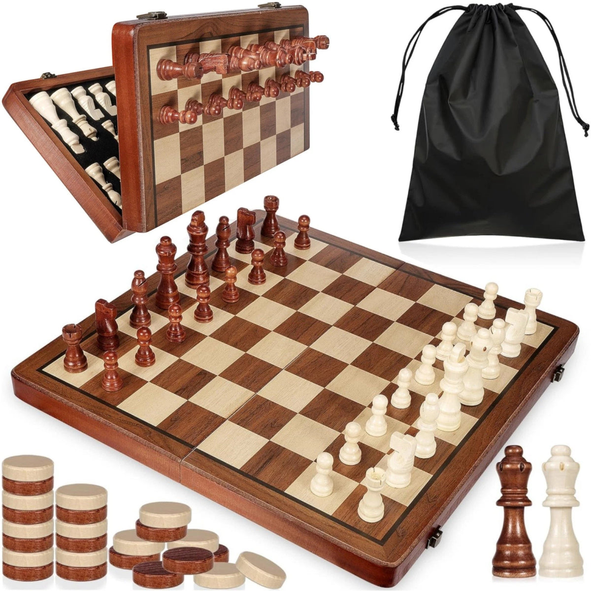 15-Inch Wooden Magnetic Chess and Checkers 2-in-1 Set