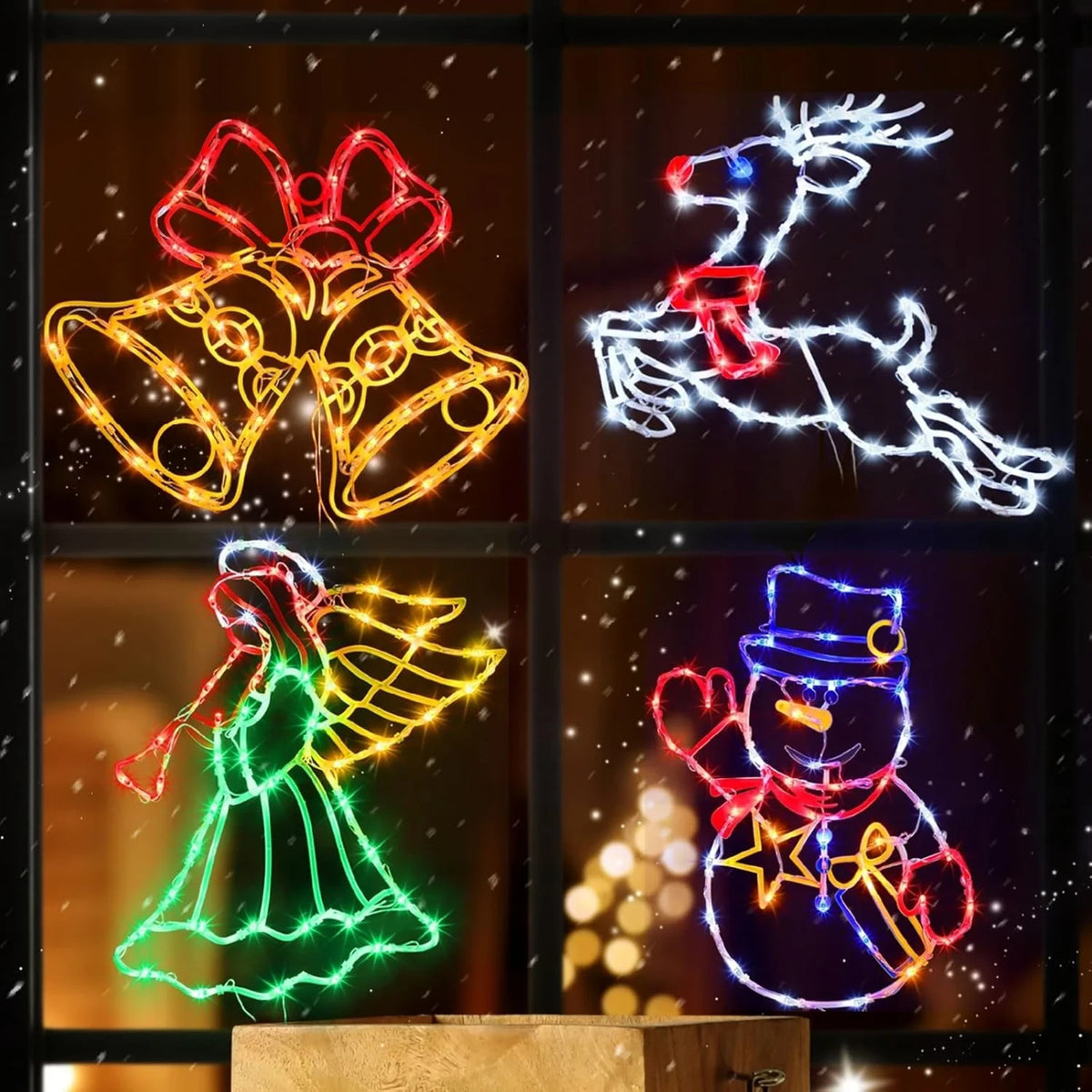 16 Inch Christmas Window Silhouette Lights Deer Bell Angel Snowman, 4 Pack