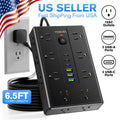 16-Outlet Flat Plug Power Strip with USB Ports and Surge Protection