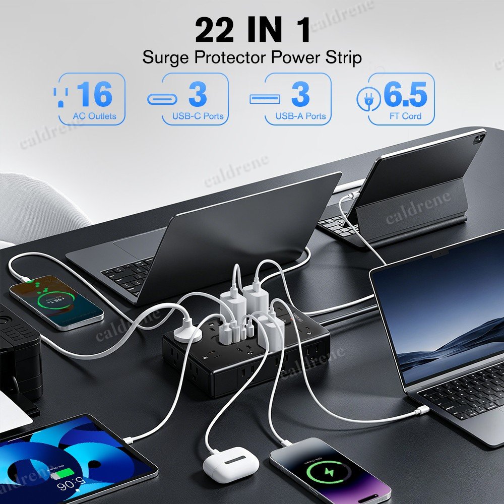 16-Outlet Flat Plug Power Strip with USB Ports and Surge Protection – view 3
