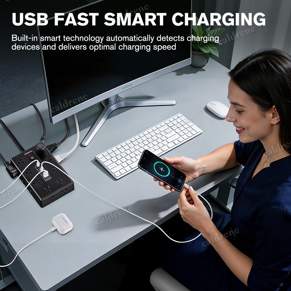 16-Outlet Flat Plug Power Strip with USB Ports and Surge Protection – view 4