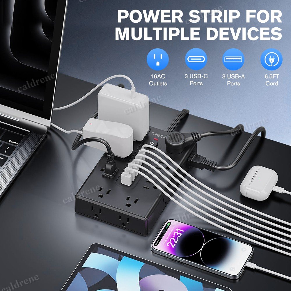 16-Outlet Flat Plug Power Strip with USB Ports and Surge Protection – view 5