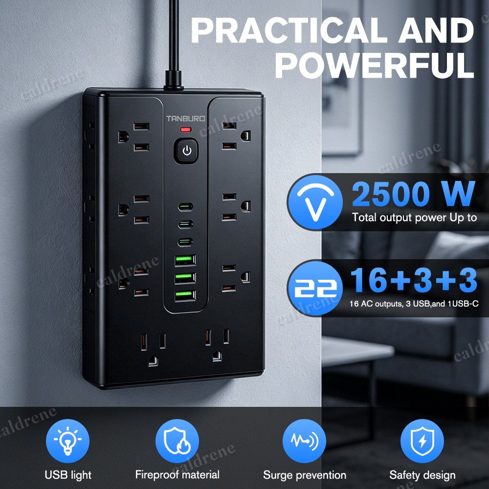 16-Outlet Flat Plug Power Strip with USB Ports and Surge Protection – view 6