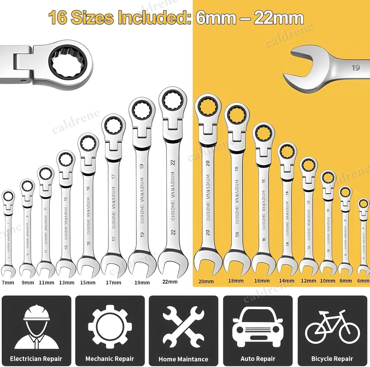 16 Piece Flexible Head Ratcheting Wrench Set, 6-22mm – view 2