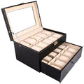 20-Slot Leather Watch Box with Glass Top