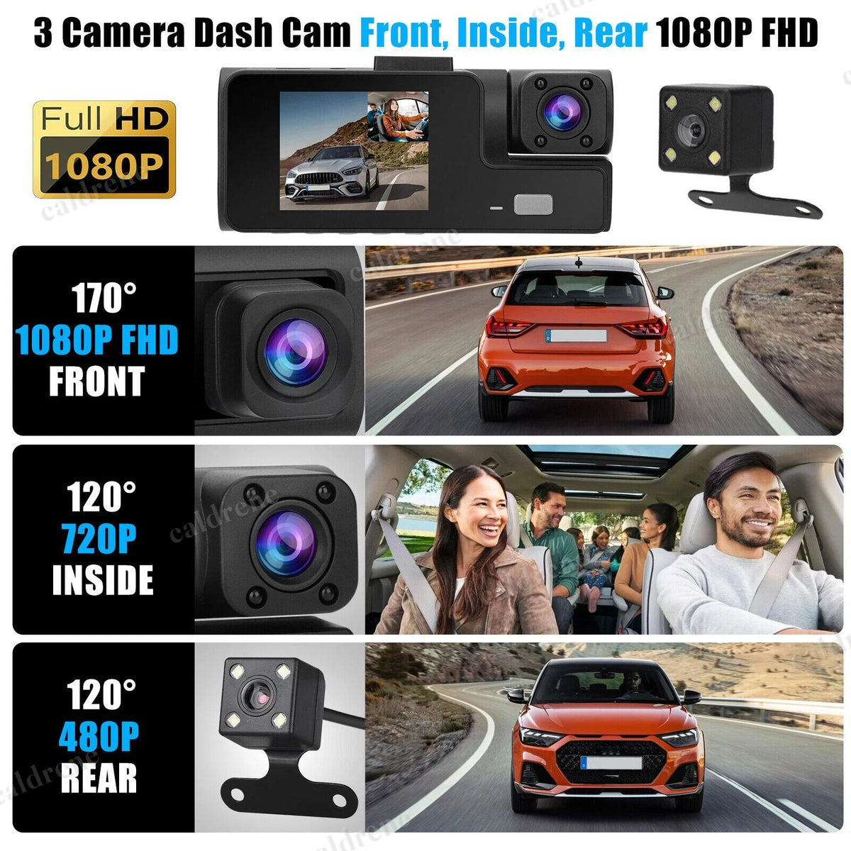 3 Lens Dash Cam 1080P, Front Cabin Rear, Night Vision – view 2