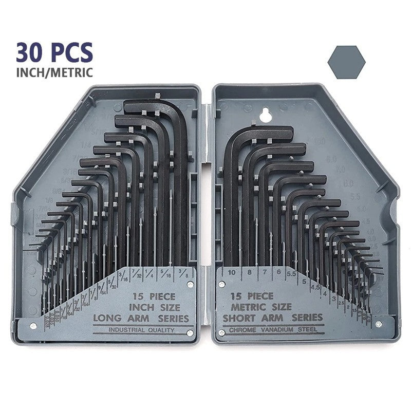 30 Piece Hex Key Allen Wrench Set Inch and Metric with Case
