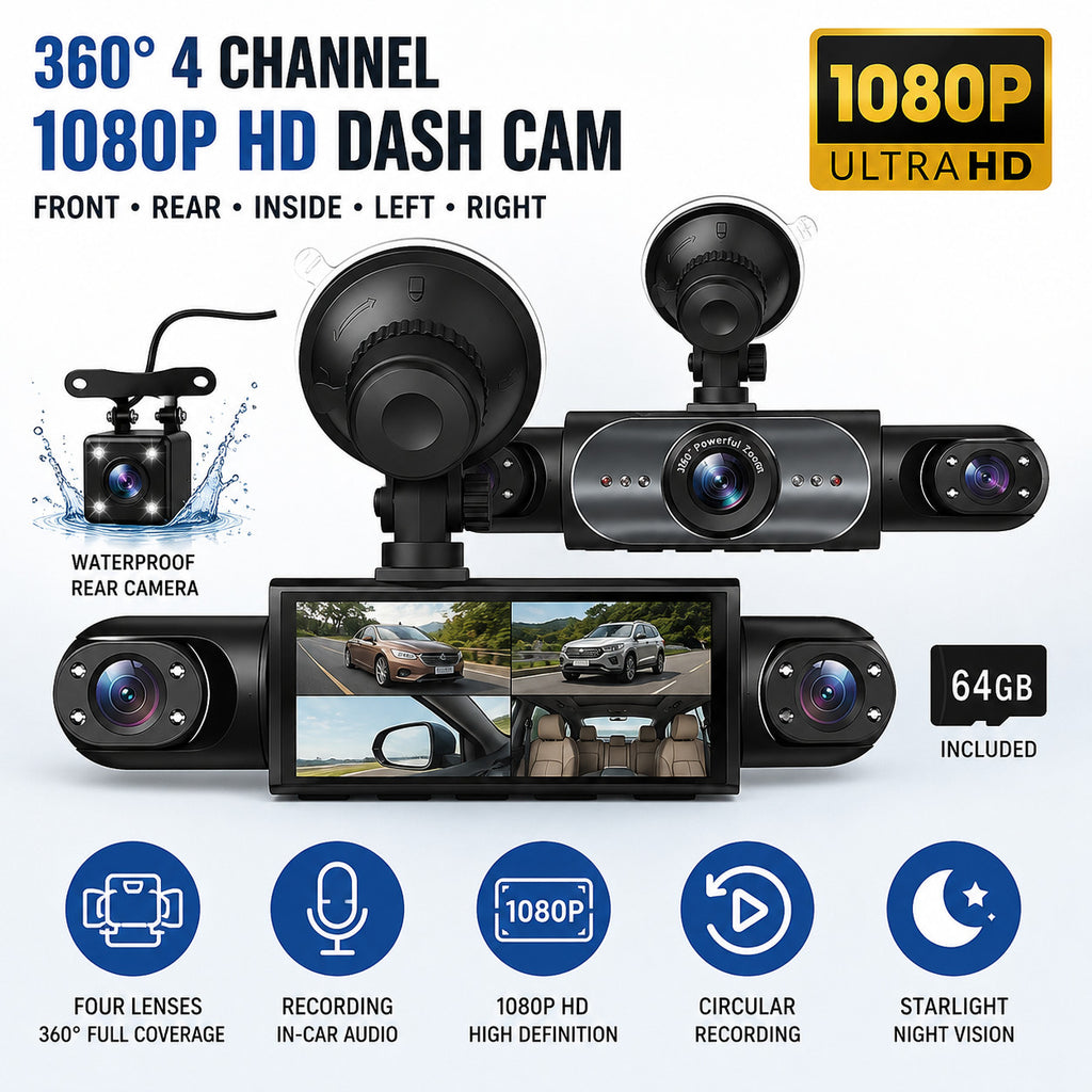 4-Channel 1080P Car Dash Cam, Front Rear and Sides – Caldrene