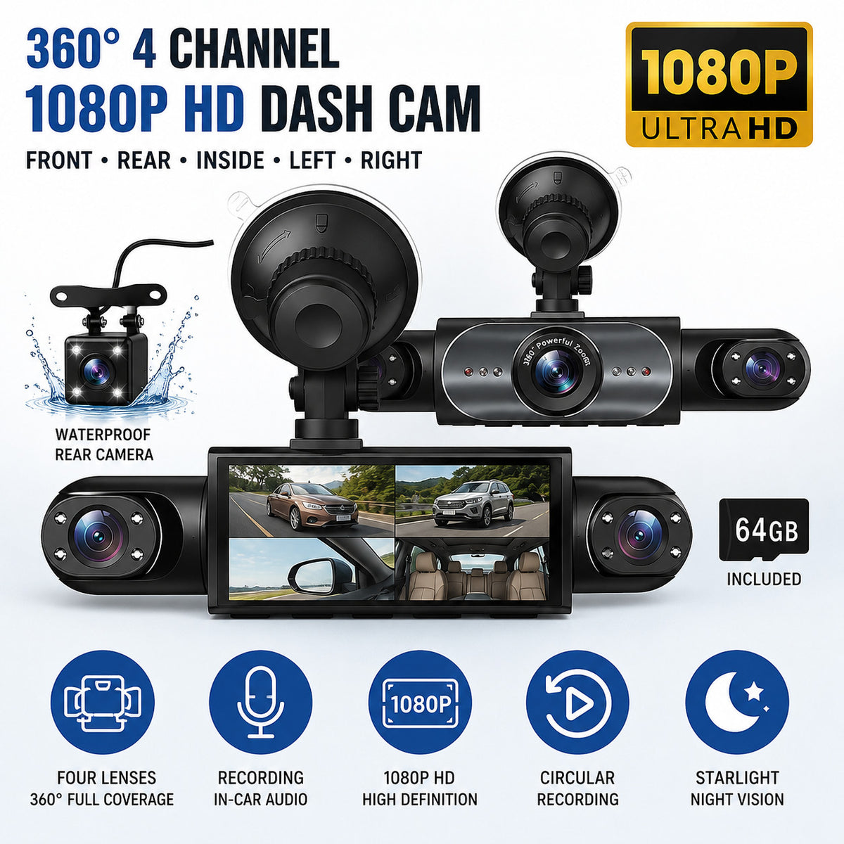 4-Channel 1080P Car Dash Cam, Front Rear and Sides – Caldrene