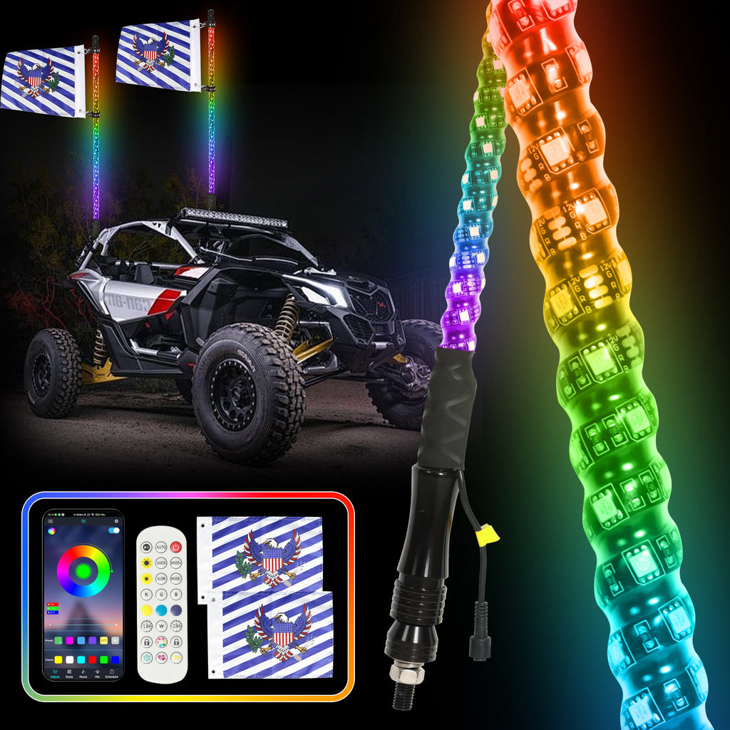 4FT RGB LED Whip Lights with Flag, Remote and App, Pair