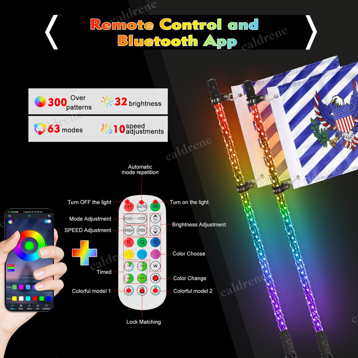 4FT RGB LED Whip Lights with Flag, Remote and App, Pair – view 2