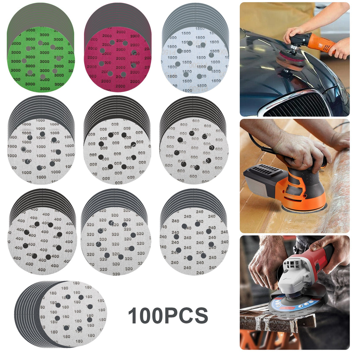 5 Inch Hook and Loop Sanding Disc Set, 100 Pieces