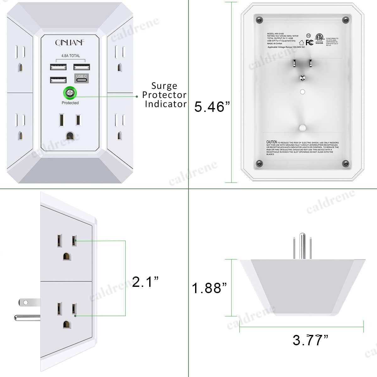5-Outlet Wall Plug Extender Surge Protector with USB Ports – view 2