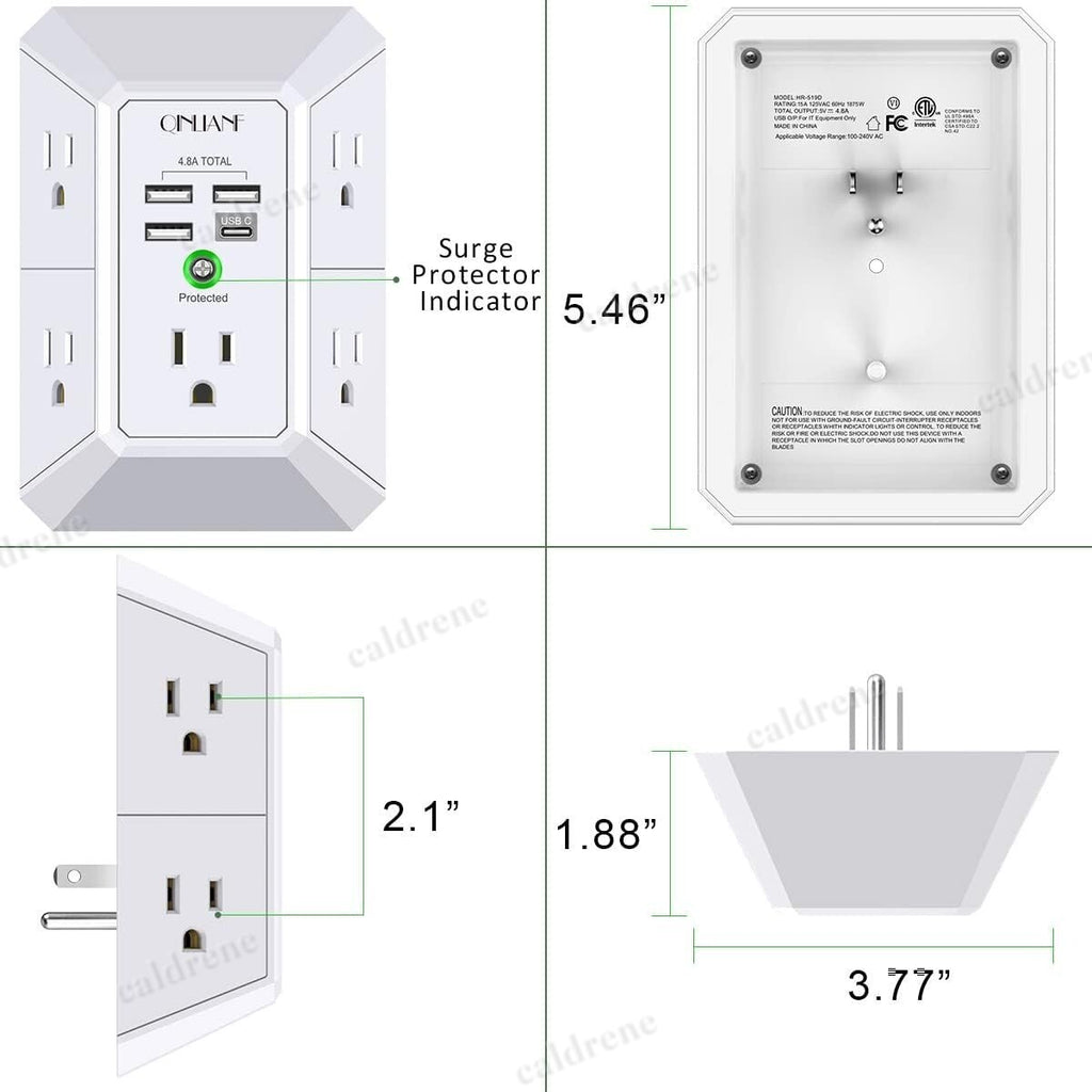 5-Outlet Wall Plug Extender Surge Protector with USB Ports – view 5