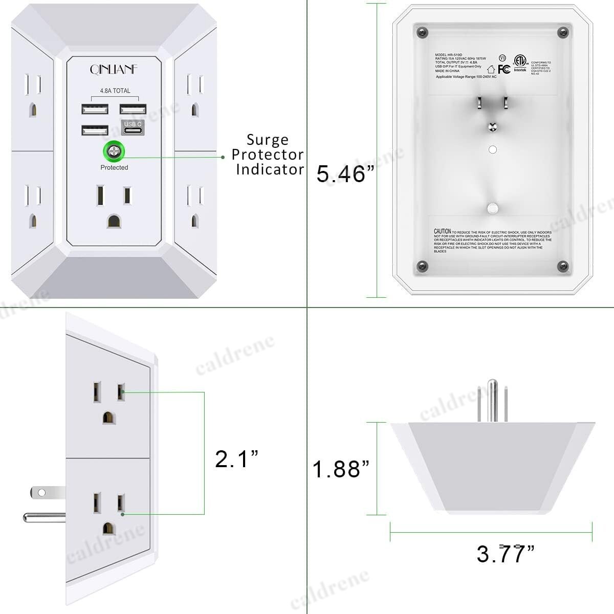 5-Outlet Wall Plug Extender Surge Protector with USB Ports – view 5