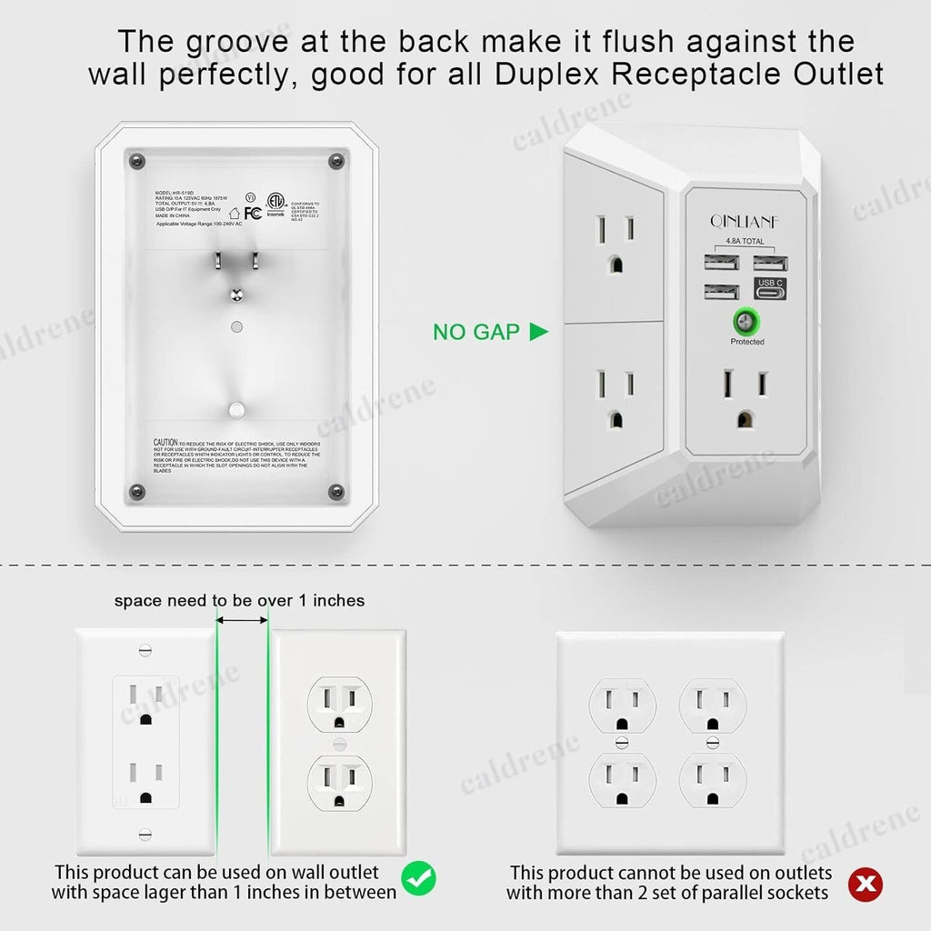 5-Outlet Wall Plug Extender Surge Protector with USB Ports – view 7