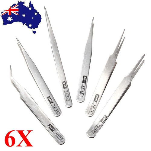 6 Piece Stainless Steel ESD Tweezers Set for Precision Work