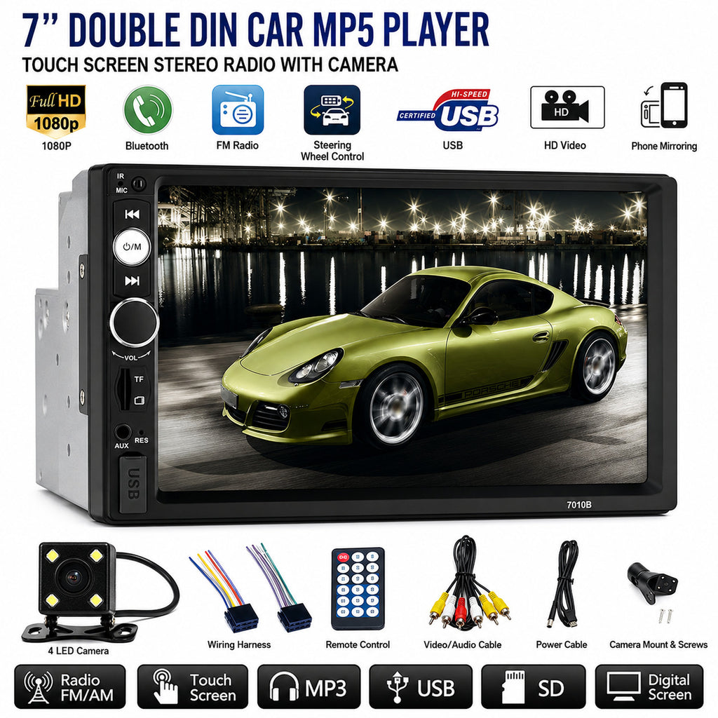 7 Inch Double DIN Bluetooth Car Stereo with Camera