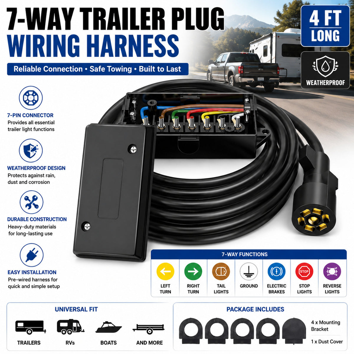 7-Way Trailer Plug Weatherproof Wiring Harness Connector