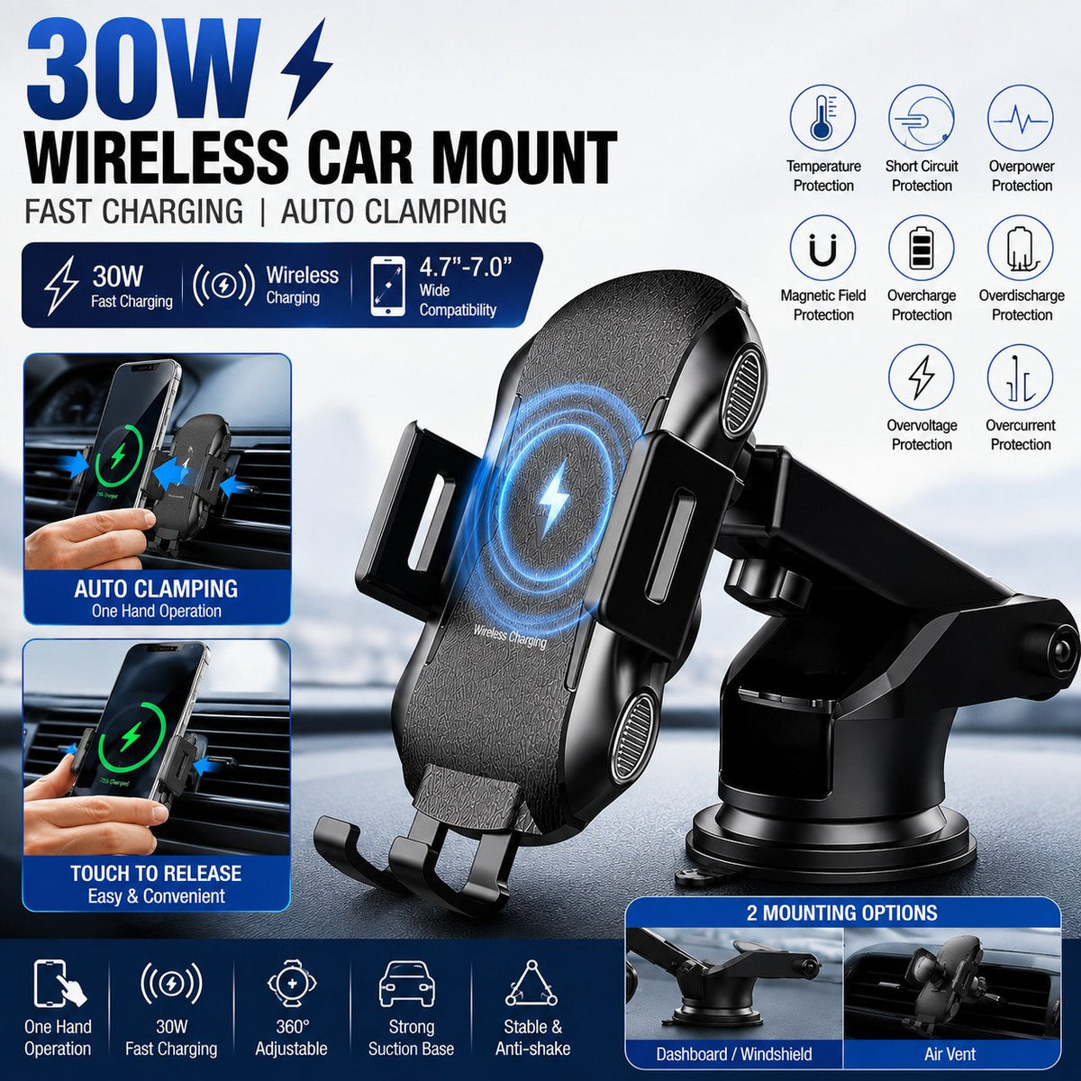 Auto-Clamping Wireless Charging Car Mount