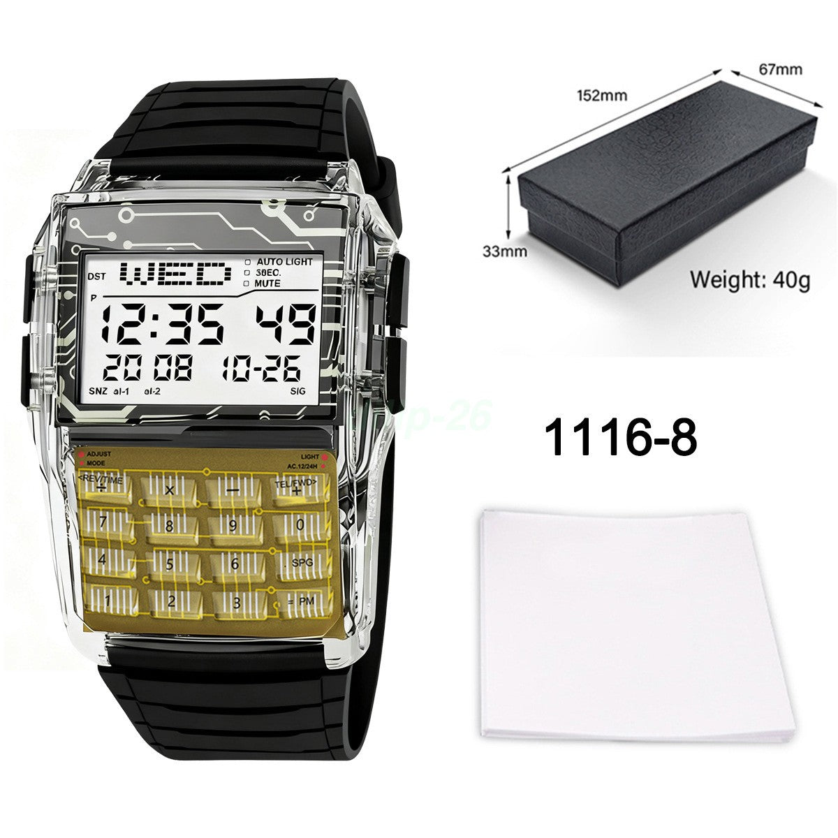 Digital Sports Calculator Watch for Active Students and Men – Clear Black