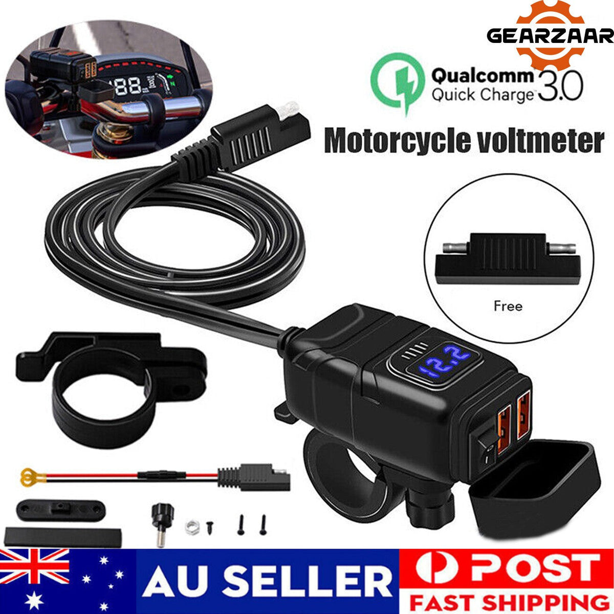 Dual USB Motorcycle Charger with LED Voltmeter