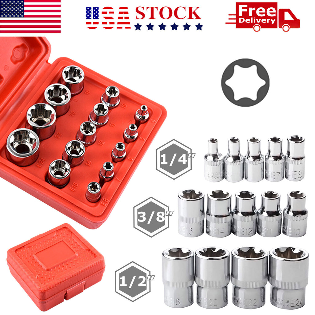 E-Torx Star Female Bit Socket Set E4-E24 with Case, 14 Piece