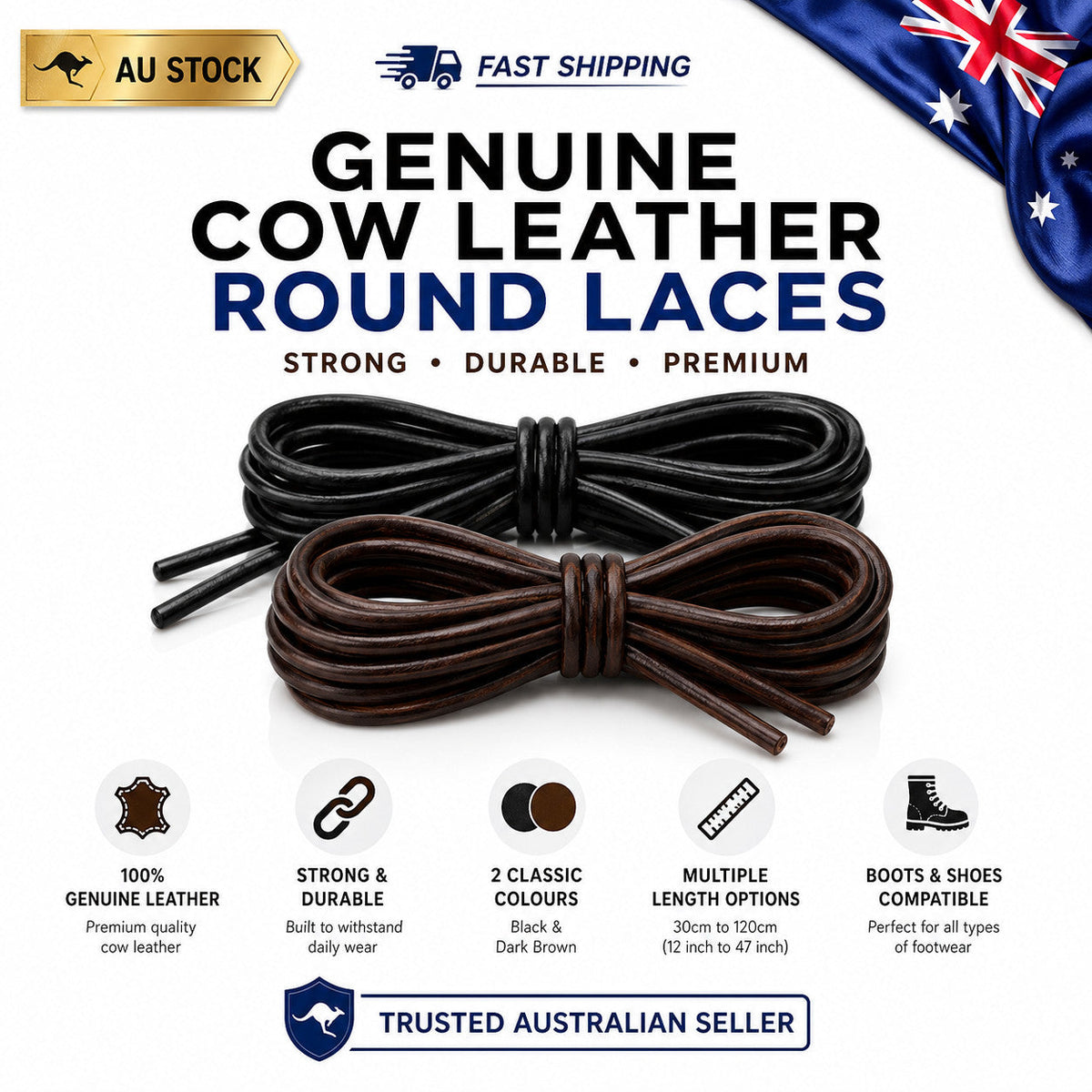 Genuine Cow Leather Round Shoe Laces in Black and Brown