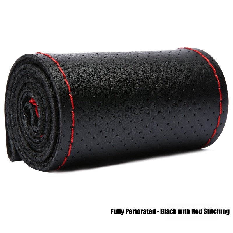 Genuine Leather Steering Wheel Cover for 15"/38cm - Anti-Slip DIY – Black with Red Stitching / Fully Perforated