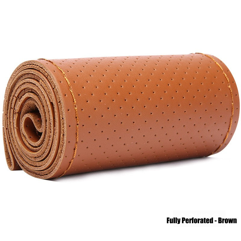 Genuine Leather Steering Wheel Cover for 15"/38cm - Anti-Slip DIY – Brown / Fully Perforated