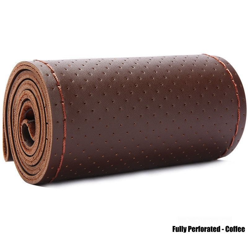 Genuine Leather Steering Wheel Cover for 15"/38cm - Anti-Slip DIY – Coffee / Fully Perforated