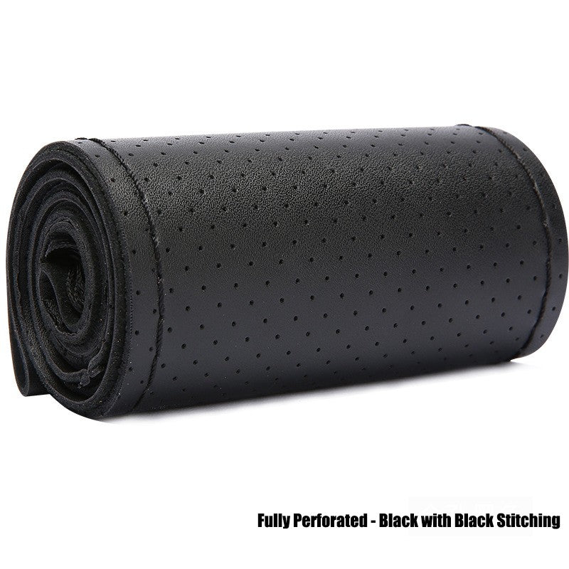 Genuine Leather Steering Wheel Cover for 15"/38cm - Anti-Slip DIY – Black / Fully Perforated