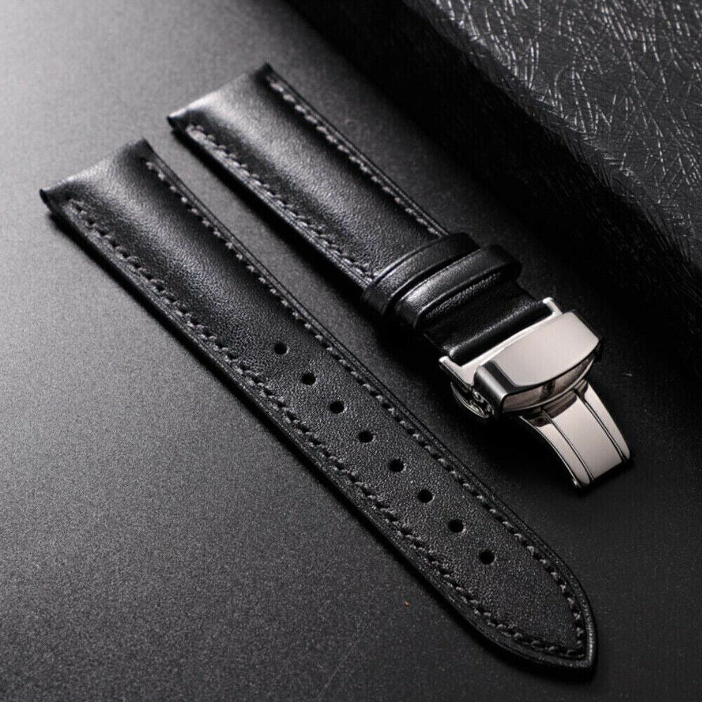 Genuine Leather Watch Band with Deployment Clasp – 12mm / Black+Silver Clasp