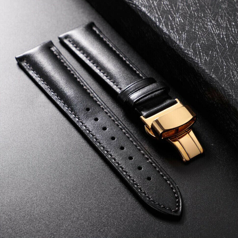 Genuine Leather Watch Band with Deployment Clasp – 12mm / Black+Gold Clasp