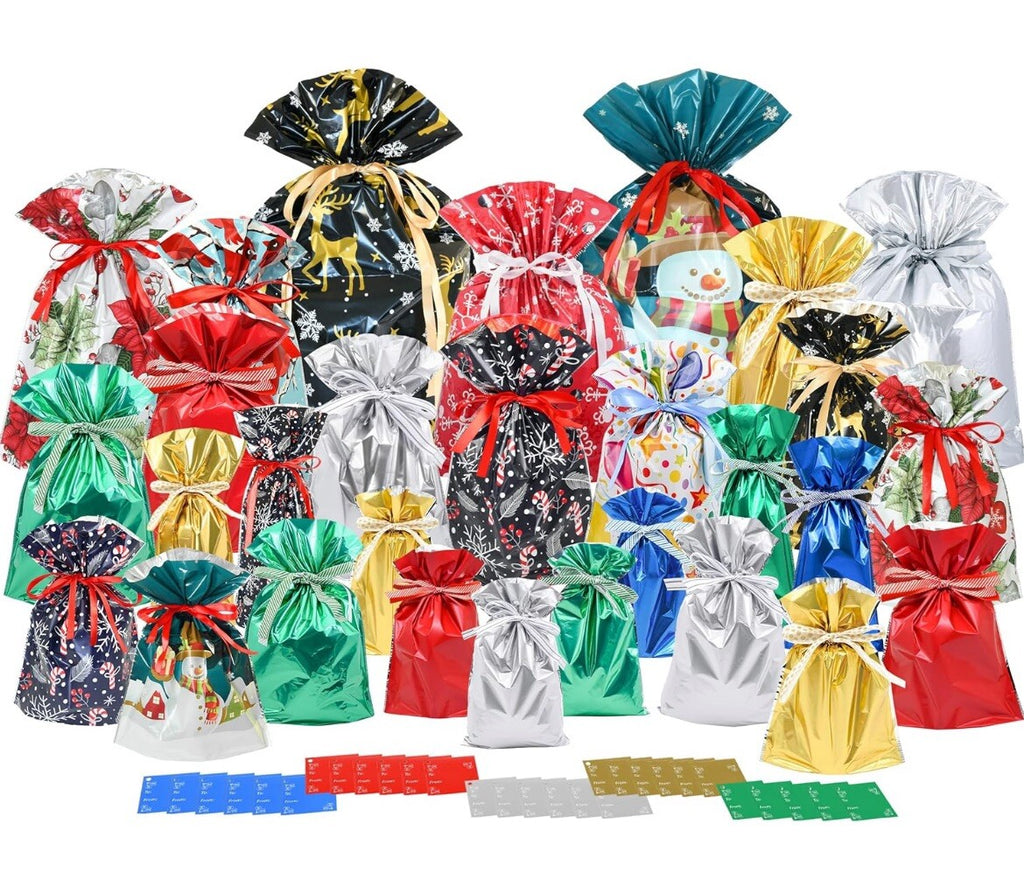 Holiday Drawstring Gift Bags, 29 Pack in Assorted Sizes