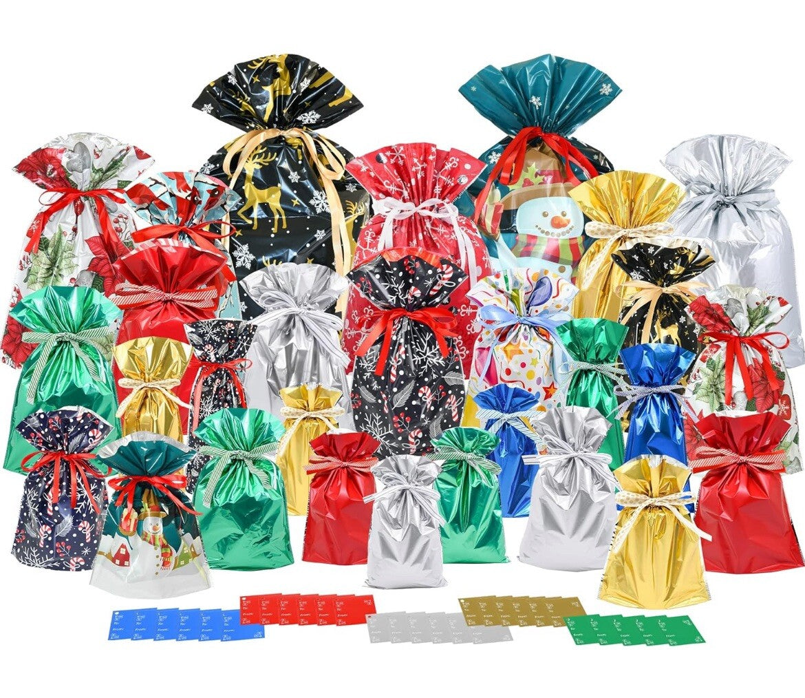 Holiday Drawstring Gift Bags, 29 Pack in Assorted Sizes