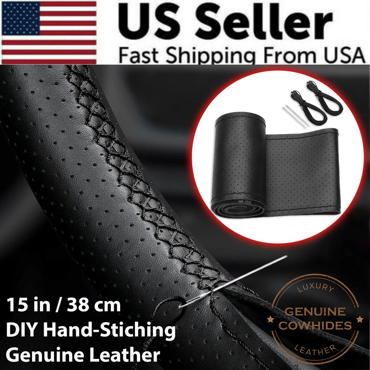 Leather DIY Steering Wheel Cover, 15 in