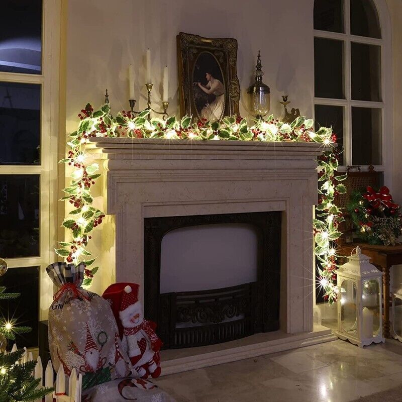 Lighted Holly Berry Christmas Garland, 6 ft
