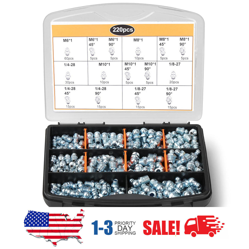 Metric and SAE Hydraulic Grease Zerk Fittings Assortment, 220 Pack