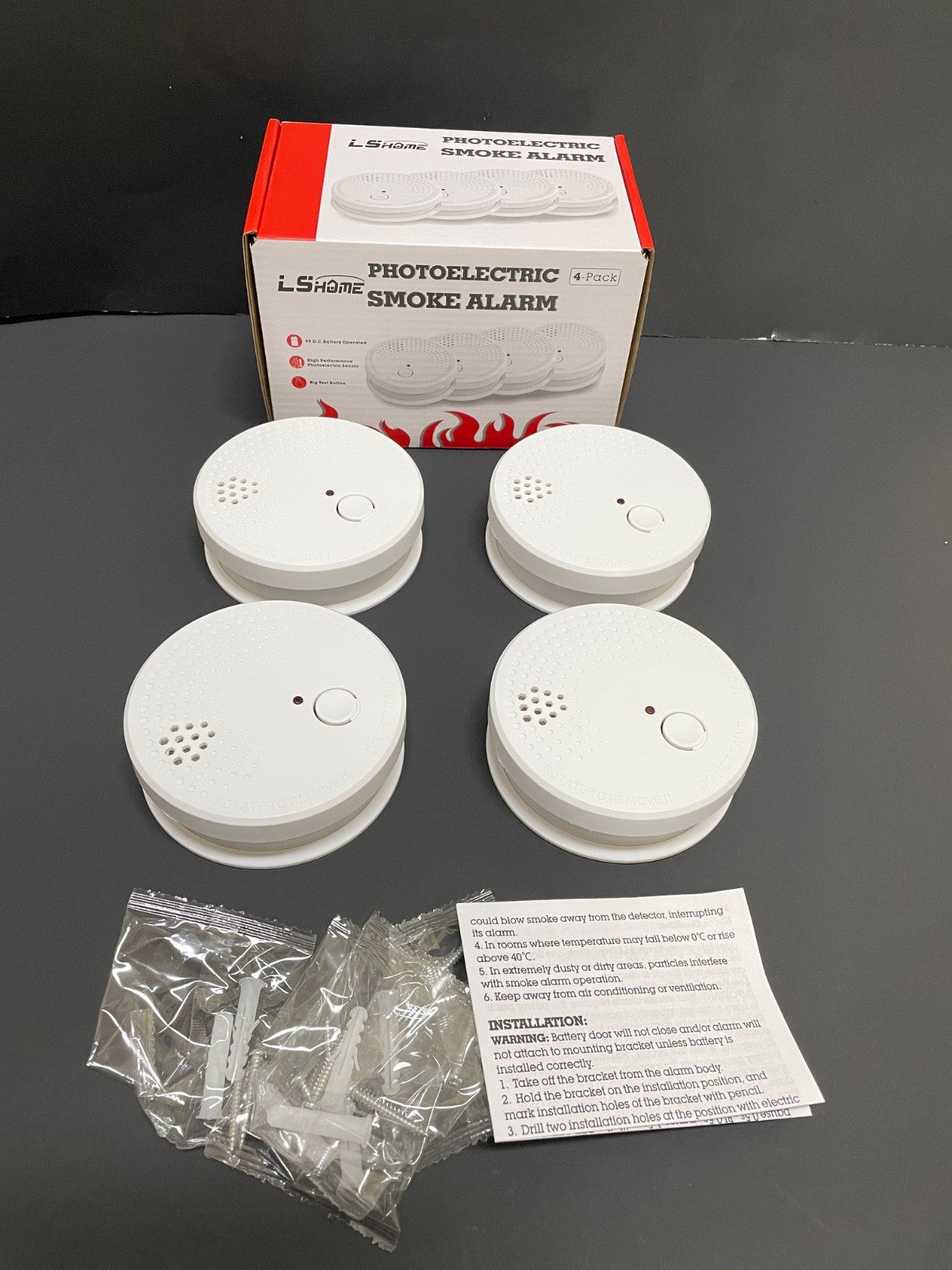 Photoelectric Smoke Alarm with 9V Batteries, 4 Pack