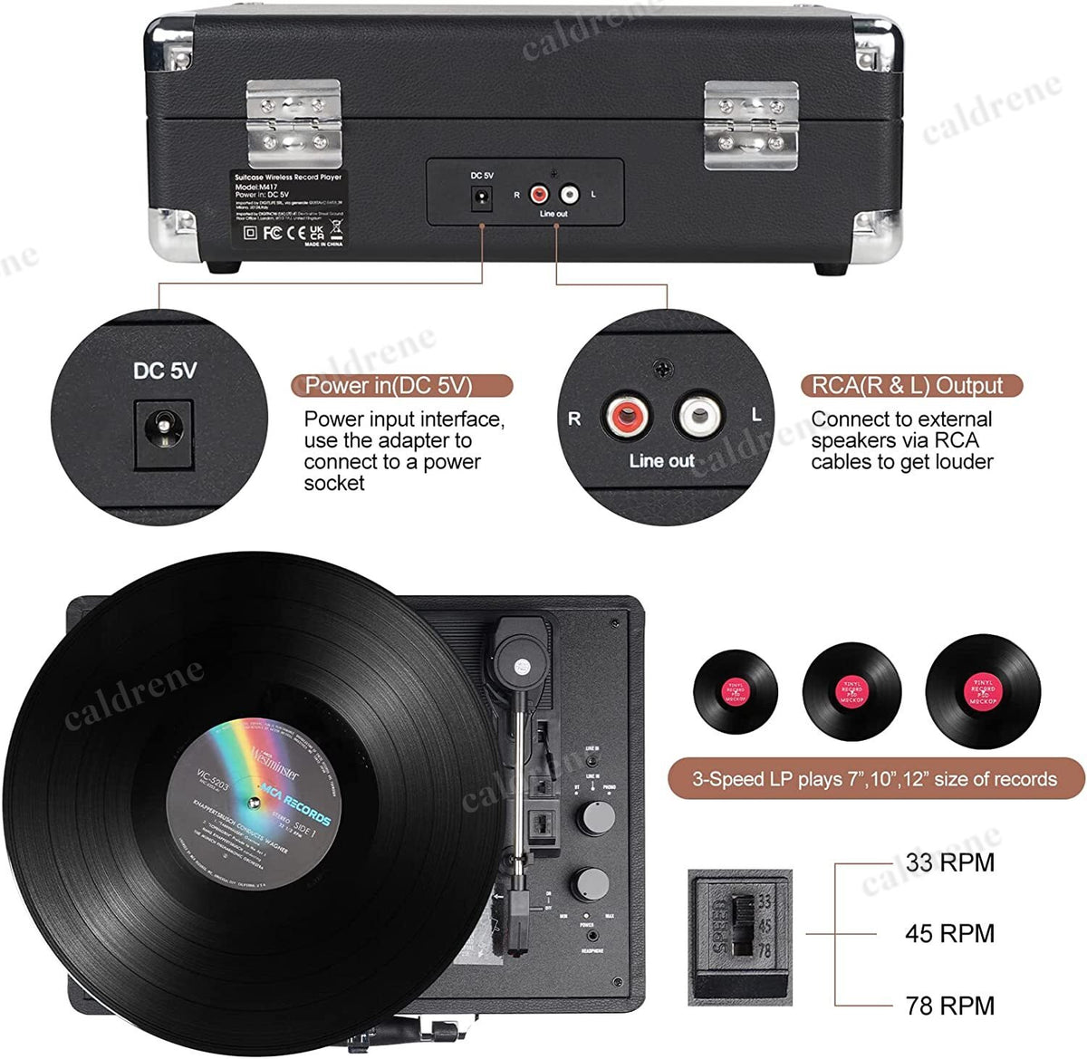 Portable Suitcase Vinyl Record Player Bluetooth 3-Speed – view 6